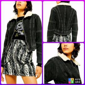 Topshop Idol Washed Black Borg Lined Denim Jacket